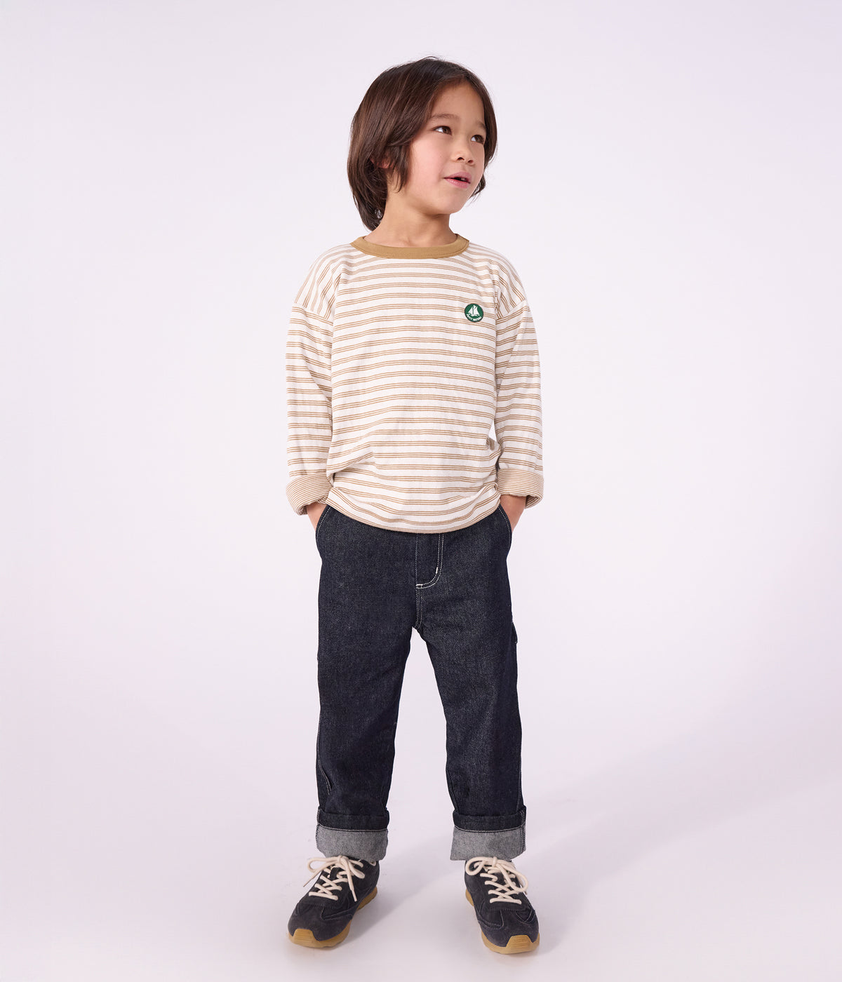 tee shirt enfant manches longues a rayures beige