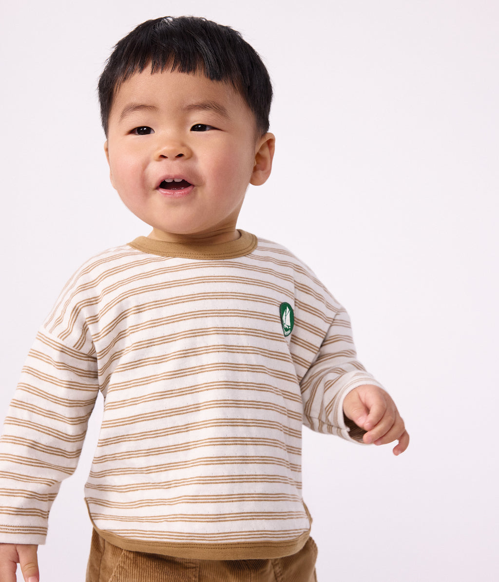 tee shirt bebe en coton manches longues a rayures beige