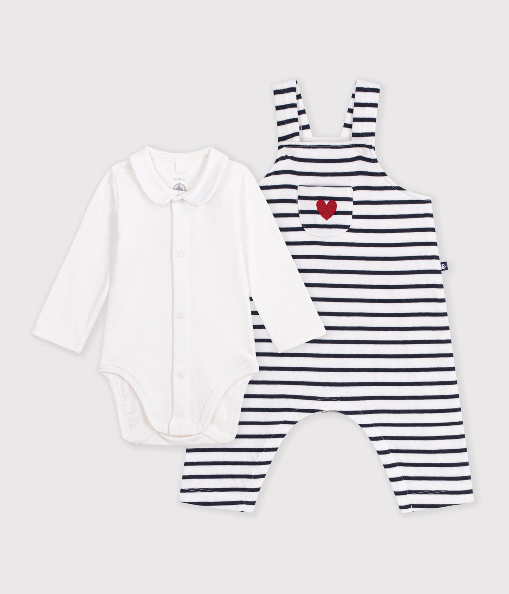 ensemble salopette et body bebe en coton avec col a rayures