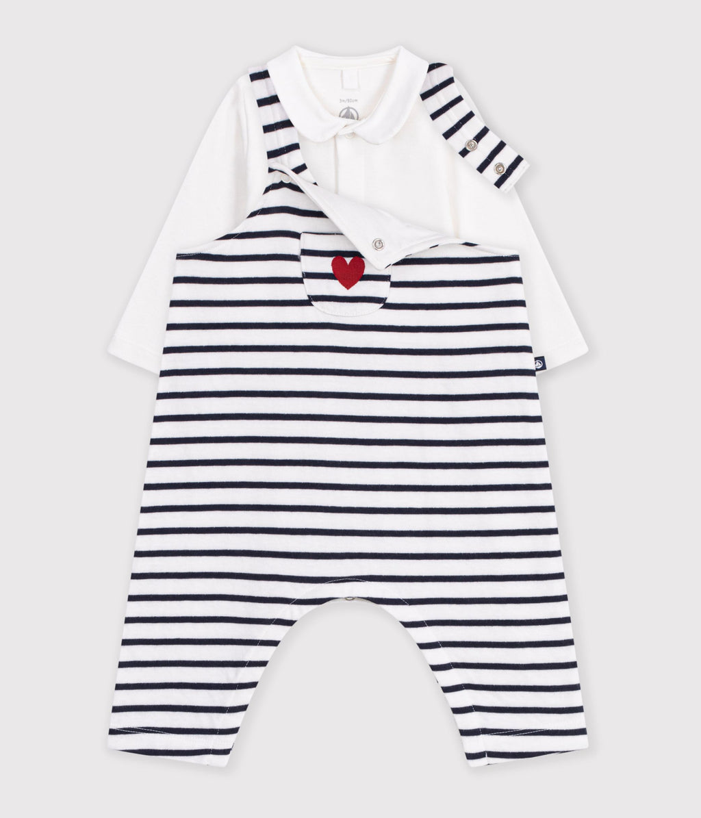 ensemble salopette et body bebe en coton avec col a rayures