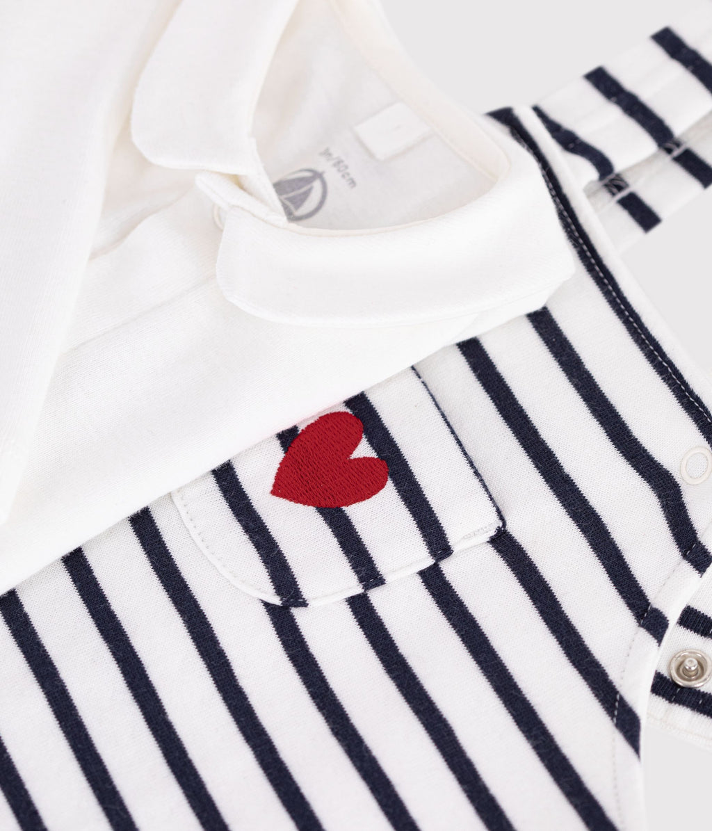ensemble salopette et body bebe en coton avec col a rayures