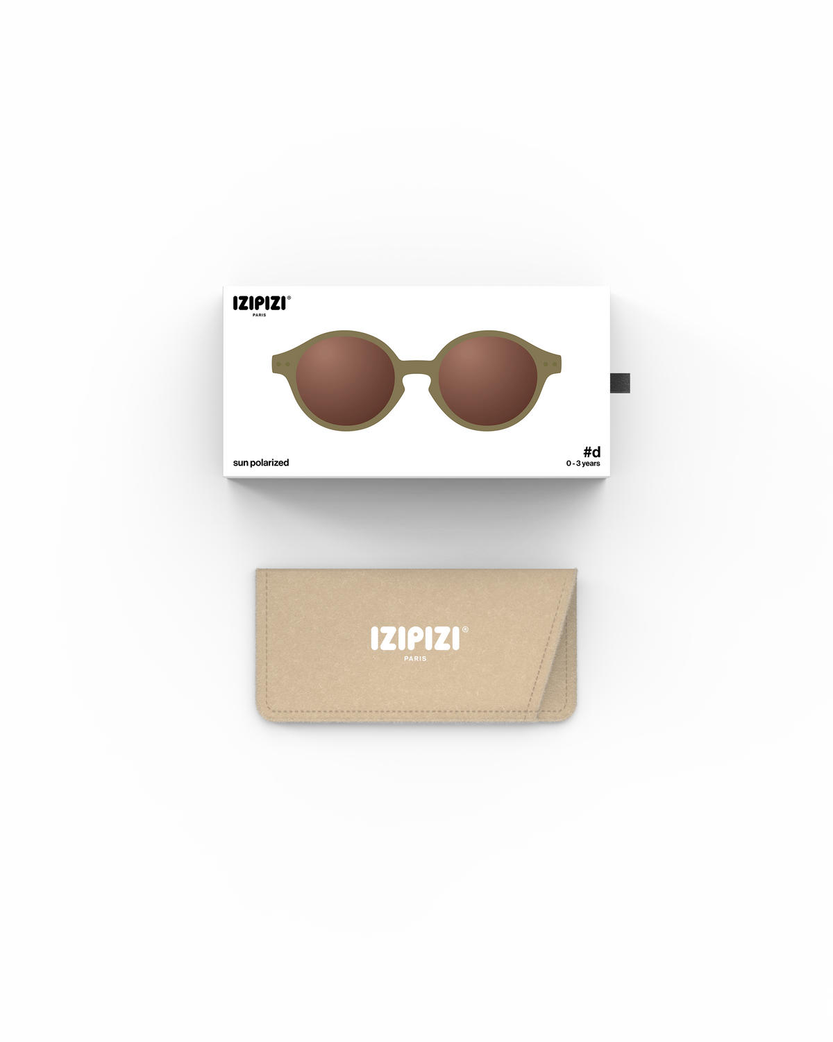 Lunettes solaires enfant Izipizi Glossy Kaki forme D Baby packaging