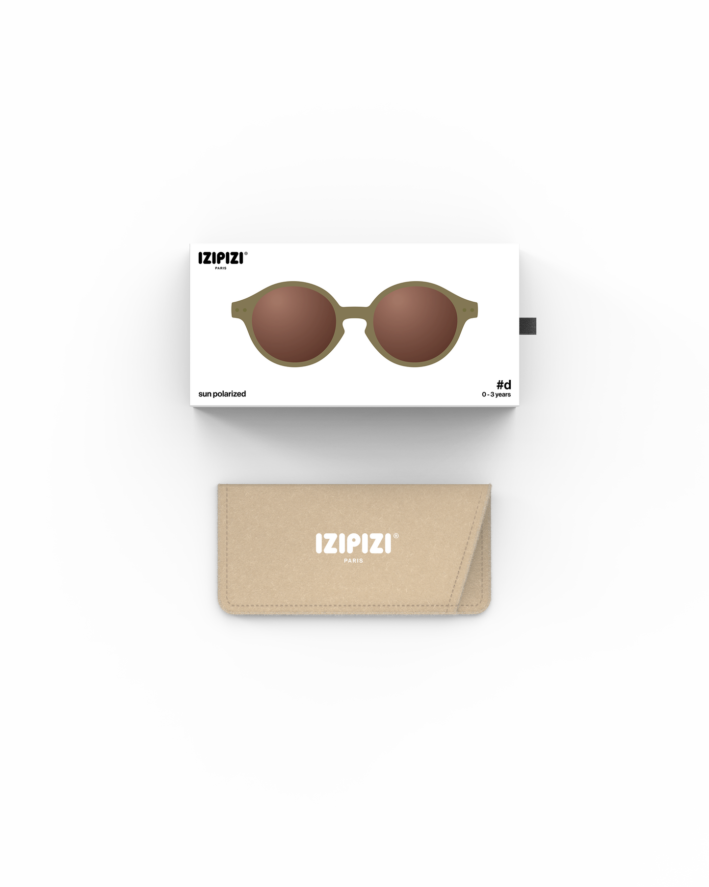 Lunettes solaires enfant Izipizi Glossy Kaki forme D Baby packaging