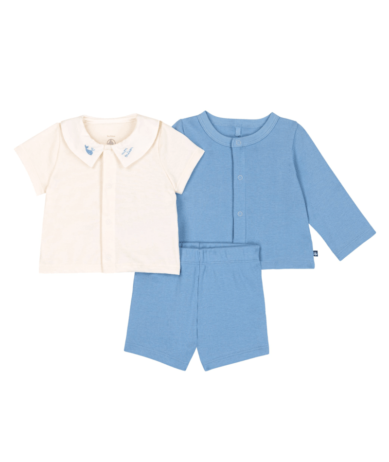 Ensemble 3 pièces bébé en coton avec broderies au col