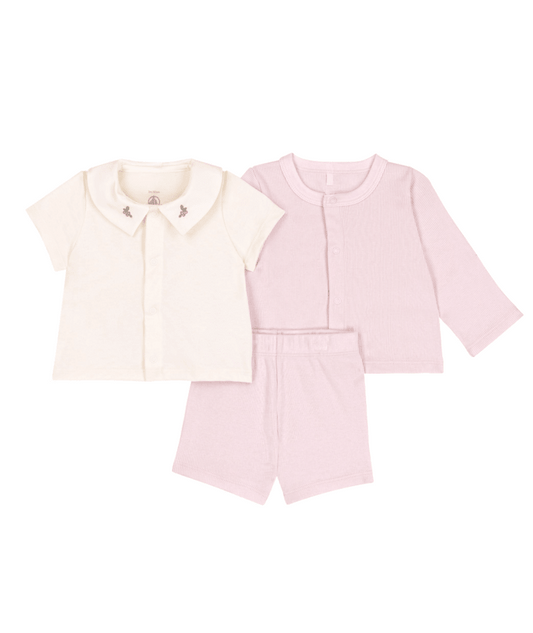 Ensemble 3 pièces bébé en coton avec broderies au col