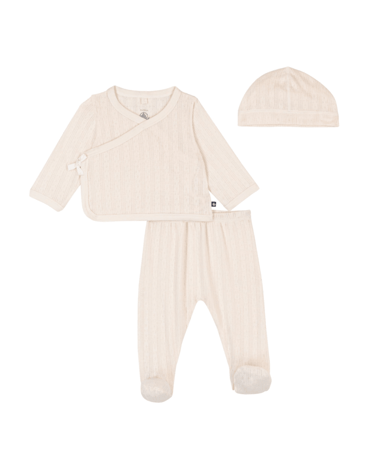 Ensemble long 3 pièces bébé en coton ajouré et son bonnet